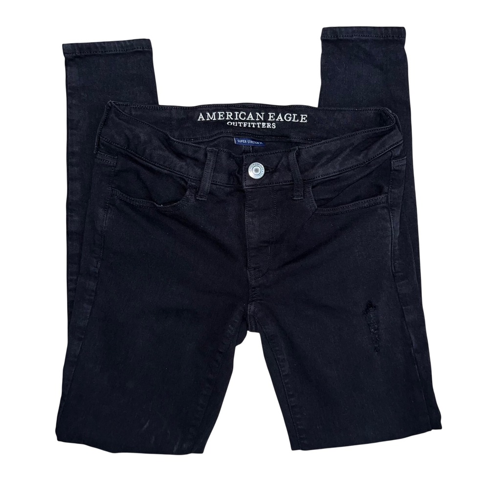 American Eagle SuperStretch Jegging Black Distressed Mid Rise Jeans Women Size 2